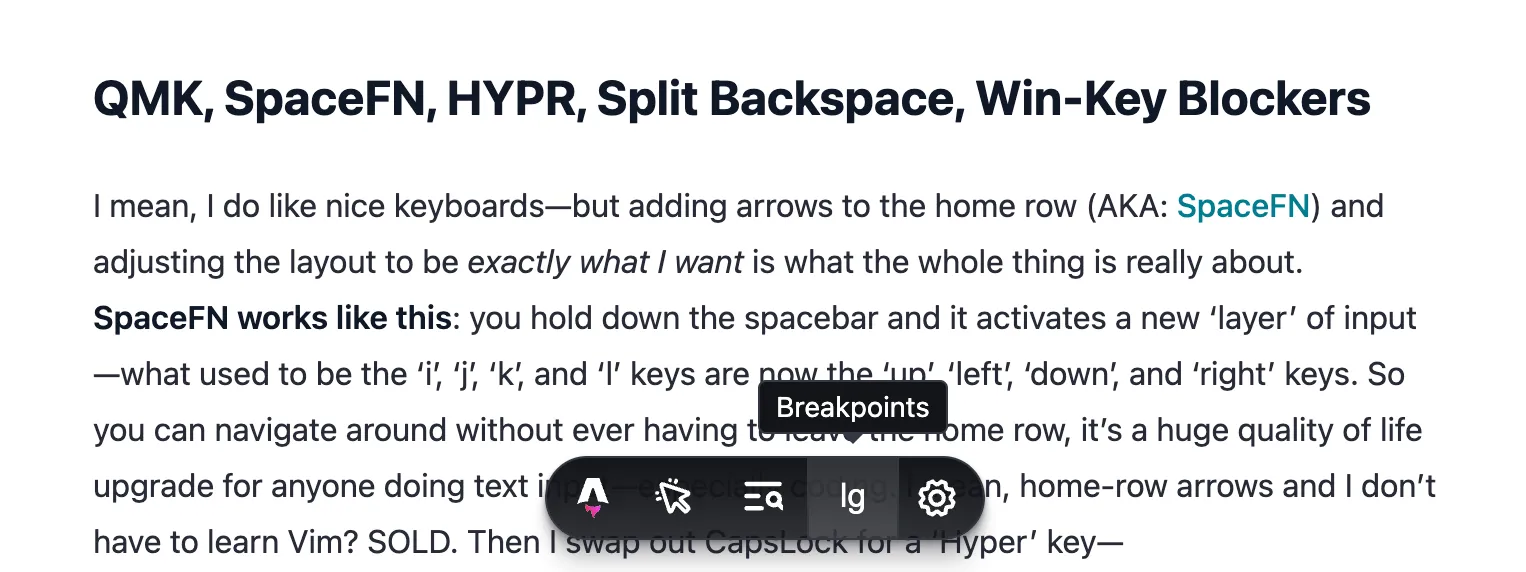 Screenshot of website with the Astro Dev Toolbar active, showing the breakpoints app.